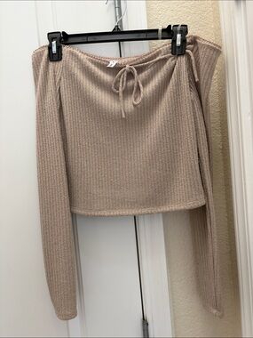 Beige Ribbed Off-Shoulder Tie Crop Sweater